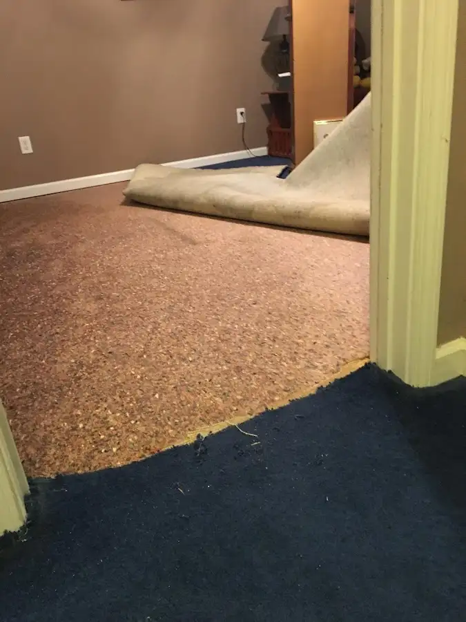 Carpet pad removal revealing water damage during Drying & Dehumidification in Carolina Shores
